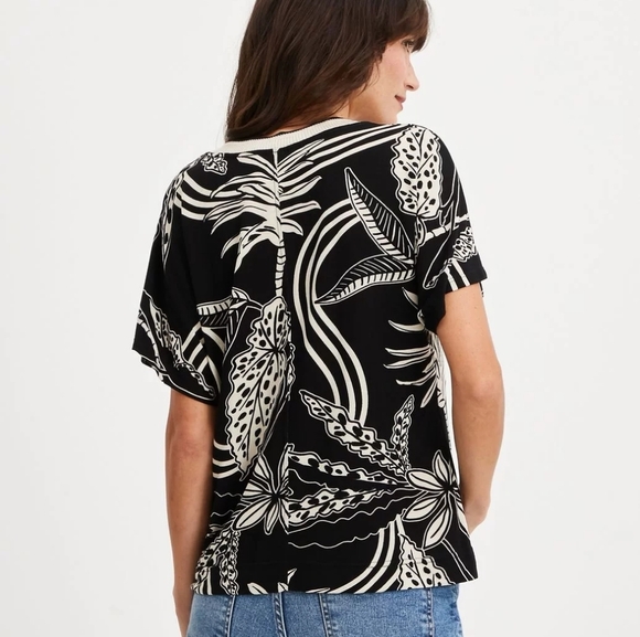 Marfinno Black Floral Leaf Print Knit Top Quiet Luxury Tropical Capsule Office - Picture 2 of 9